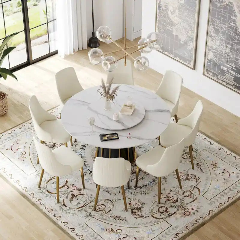 Table à manger ronde blanche 59" avec plateau tournant, dessus en pierre frittée - S.O.