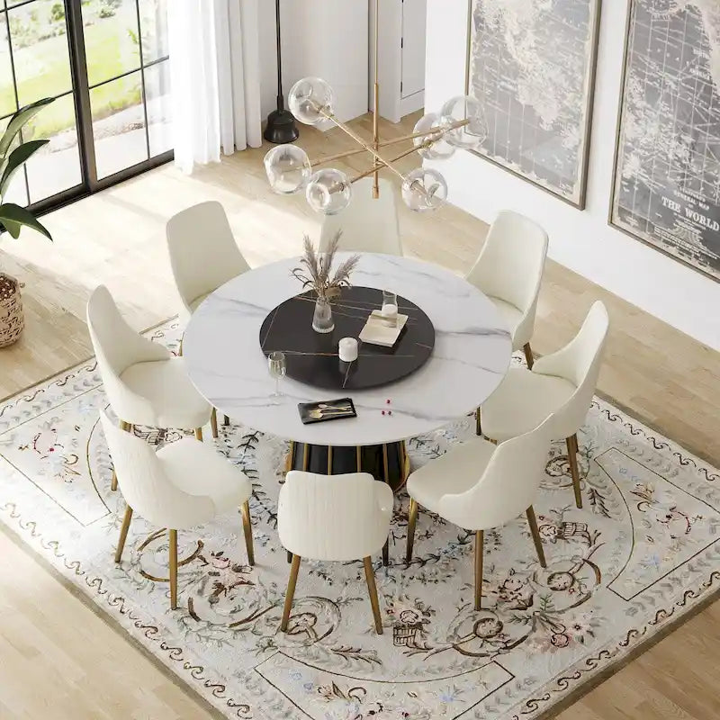 Table à manger ronde blanche 59" avec plateau tournant, dessus en pierre frittée - S.O.