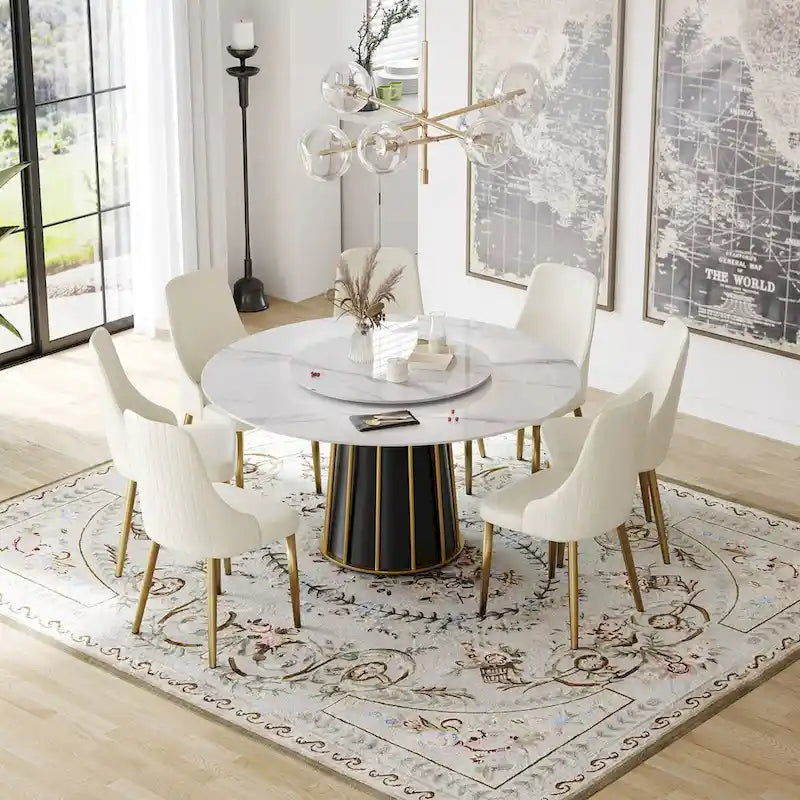 Table à manger ronde blanche 59" avec plateau tournant, dessus en pierre frittée - S.O.
