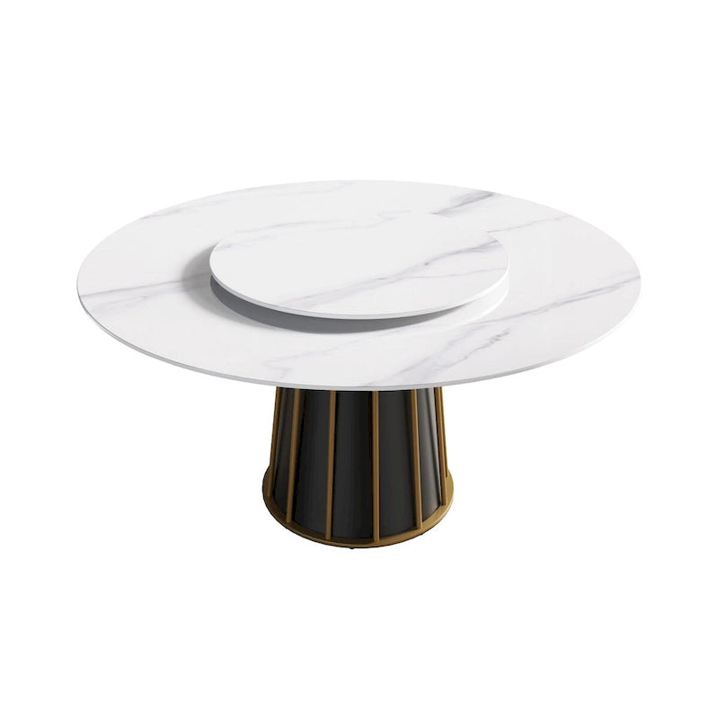 Table à manger ronde blanche 59" avec plateau tournant, dessus en pierre frittée - S.O.