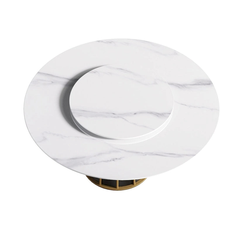 Table à manger ronde blanche 59" avec plateau tournant, dessus en pierre frittée - S.O.