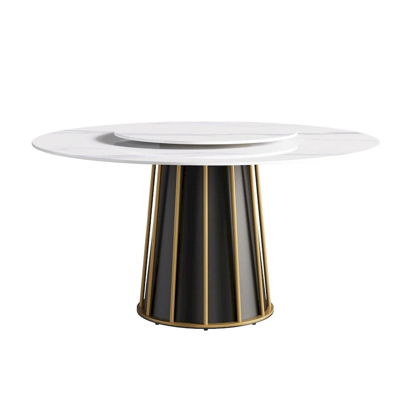 Table à manger ronde blanche 59" avec plateau tournant, dessus en pierre frittée - S.O.