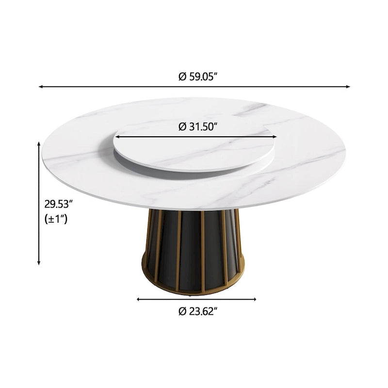Table à manger ronde blanche 59" avec plateau tournant, dessus en pierre frittée - S.O.
