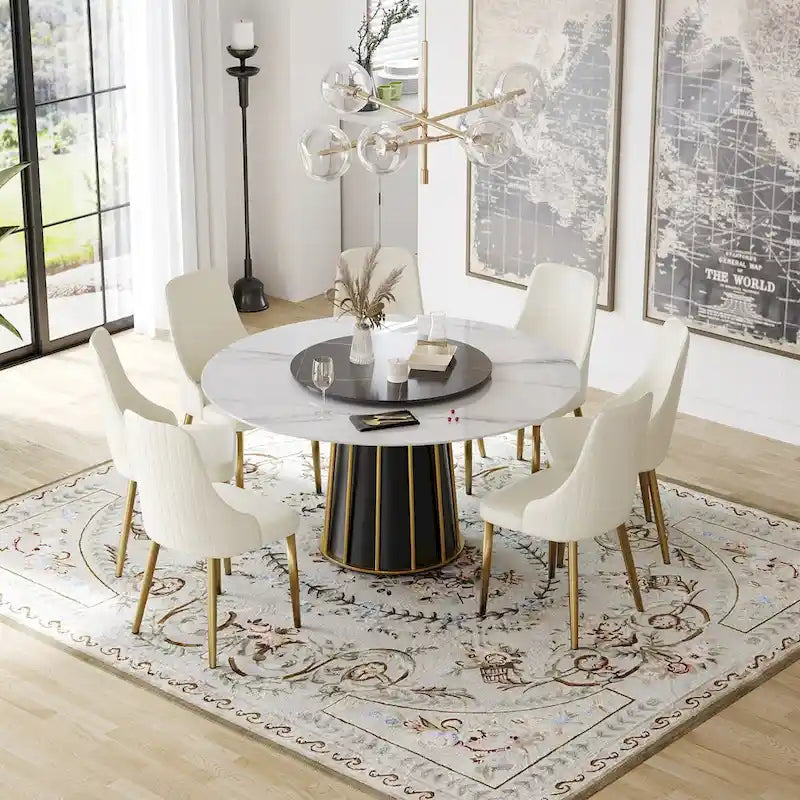 Table à manger ronde blanche 59" avec plateau tournant, dessus en pierre frittée - S.O.