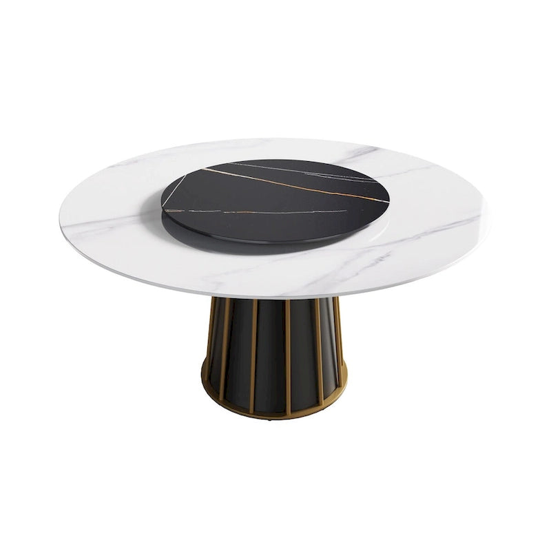Table à manger ronde blanche 59" avec plateau tournant, dessus en pierre frittée - S.O.