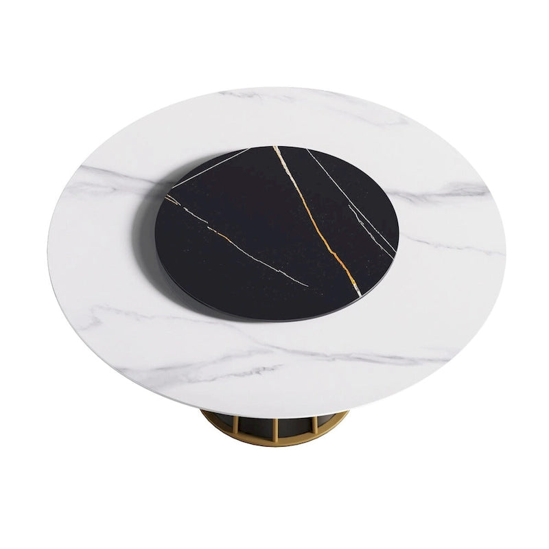 Table à manger ronde blanche 59" avec plateau tournant, dessus en pierre frittée - S.O.