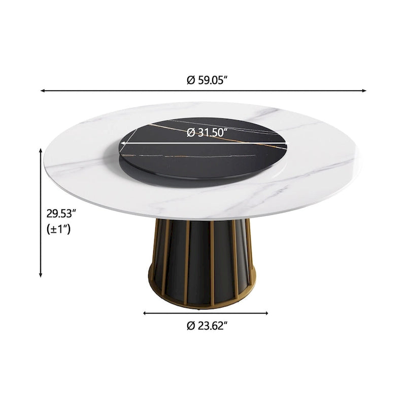 Table à manger ronde blanche 59" avec plateau tournant, dessus en pierre frittée - S.O.