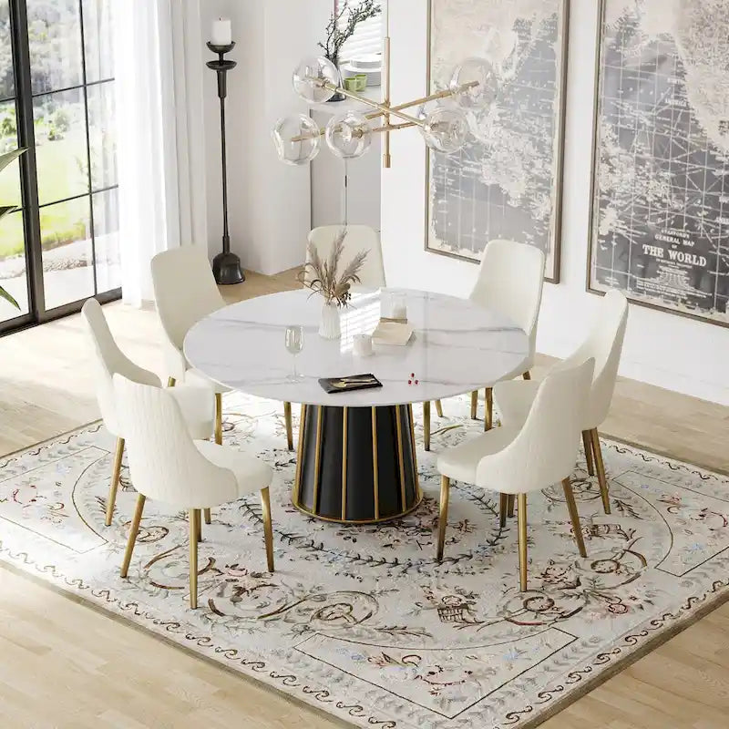Table à manger ronde blanche 59" avec plateau tournant, dessus en pierre frittée - S.O.