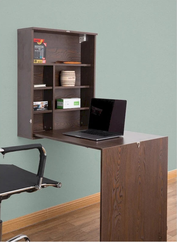Bureau mural rabattable pour ordinateur portable avec étagères