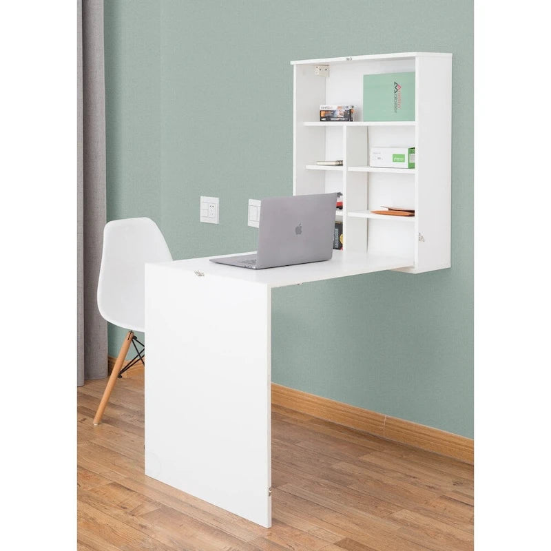 Bureau mural rabattable pour ordinateur portable avec étagères
