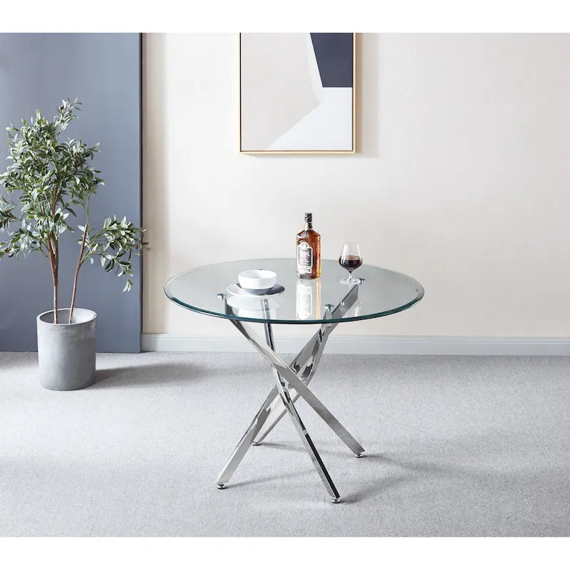 Table à manger ronde contemporaine en verre trempé artisanal