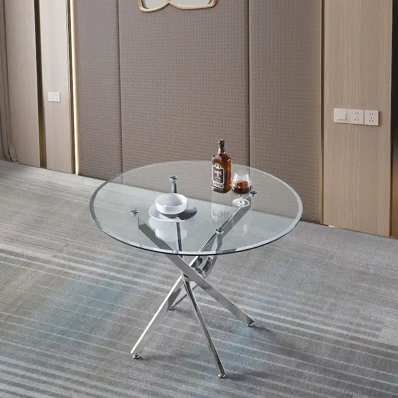 Table à manger ronde contemporaine en verre trempé artisanal