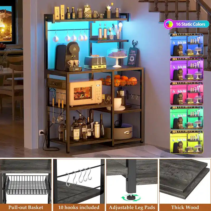 Étagère de Boulanger avec Prise de Courant et Guirlandes Lumineuses LED, Étagère de Rangement pour Cuisine