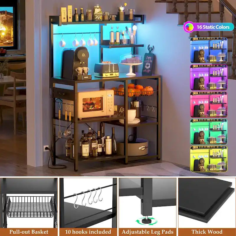 Étagère de Boulanger avec Prise de Courant et Guirlandes Lumineuses LED, Étagère de Rangement pour Cuisine