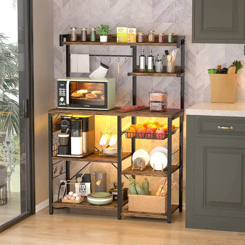 Étagère de Boulanger avec Prise de Courant et Guirlandes Lumineuses LED, Étagère de Rangement pour Cuisine
