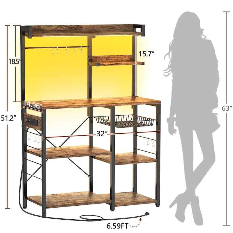 Étagère de Boulanger avec Prise de Courant et Guirlandes Lumineuses LED, Étagère de Rangement pour Cuisine