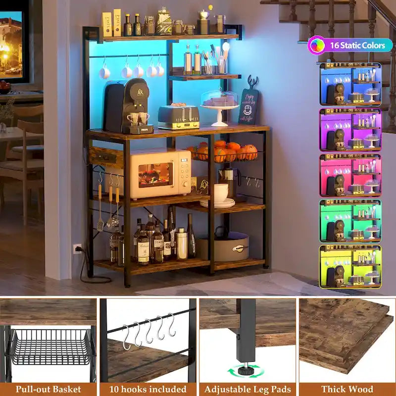 Étagère de Boulanger avec Prise de Courant et Guirlandes Lumineuses LED, Étagère de Rangement pour Cuisine